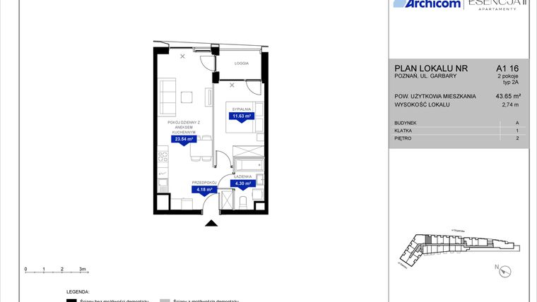Rzut - Mieszkanie na sprzedaż 2 pokoje o powierzchni 43,65 m² - numer A1.16 w Apartamenty Esencja II
