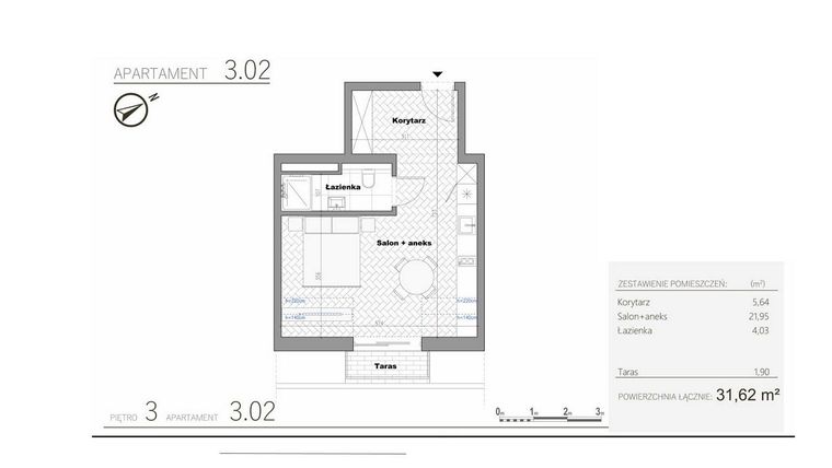 Rzut - Mieszkanie na sprzedaż 1 pokój o powierzchni 31,62 m² - numer 4.2 w Villa Książąt Pomorskich