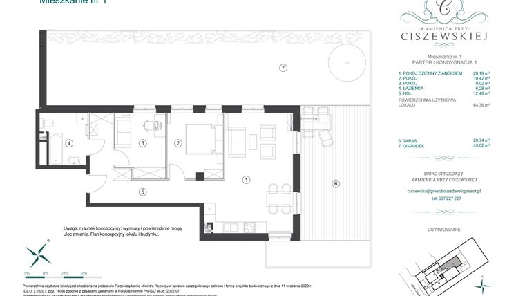 Rzut - Mieszkanie na sprzedaż 3 pokoje o powierzchni 64,36 m² - numer 1 w Kamienica przy Ciszewskiej