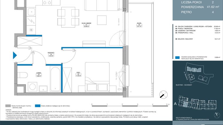 Rzut - Mieszkanie na sprzedaż 2 pokoje o powierzchni 41,61 m² - numer A.1.5.4 w Meri Apartamenty
