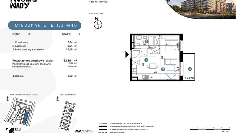 Rzut - Mieszkanie na sprzedaż 1 pokój o powierzchni 32,36 m² - numer B.1.3.M46 w Nowe Promenady etap II