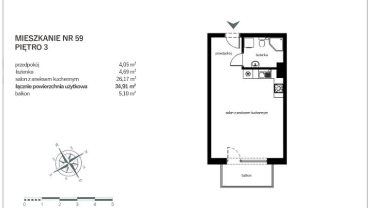 Rzut - Mieszkanie na sprzedaż 1 pokój o powierzchni 35,07 m² - numer 59 w Green Park