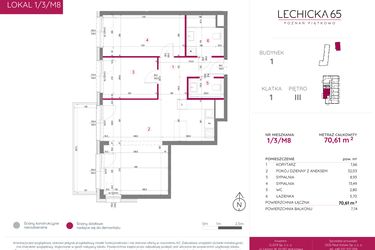 Rzut - Mieszkanie na sprzedaż 3 pokoje o powierzchni 70,61 m² - numer 1/3/M8 w Lechicka 65