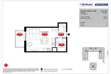 Rzut - Mieszkanie na sprzedaż 1 pokój o powierzchni 32,92 m² - numer A4 193 w Osiedle Bociana 5