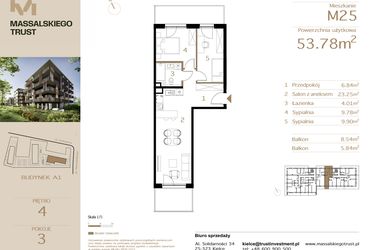 Rzut - Mieszkanie na sprzedaż 3 pokoje o powierzchni 53,78 m² - numer M25 w Massalskiego Trust
