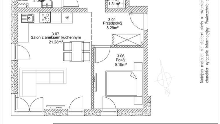 Rzut - Mieszkanie na sprzedaż 4 pokoje o powierzchni 61,38 m² - numer 3 w Apartamenty Jasińskiego