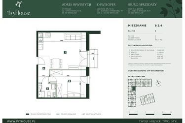 Rzut - Mieszkanie na sprzedaż 2 pokoje o powierzchni 43,13 m² - numer B.3.4 w IVY HOUSE