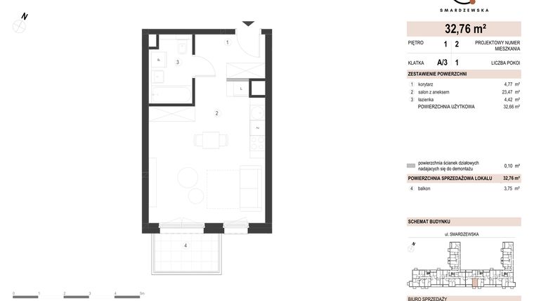 Rzut - Mieszkanie na sprzedaż 1 pokój o powierzchni 32,76 m² - numer A/3/1.2 w Smardzewska 8