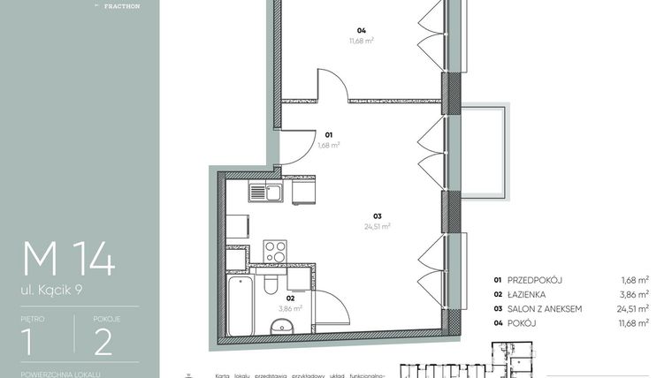 Rzut - Mieszkanie na sprzedaż 2 pokoje o powierzchni 41,73 m² - numer M.14 w Ja\nas