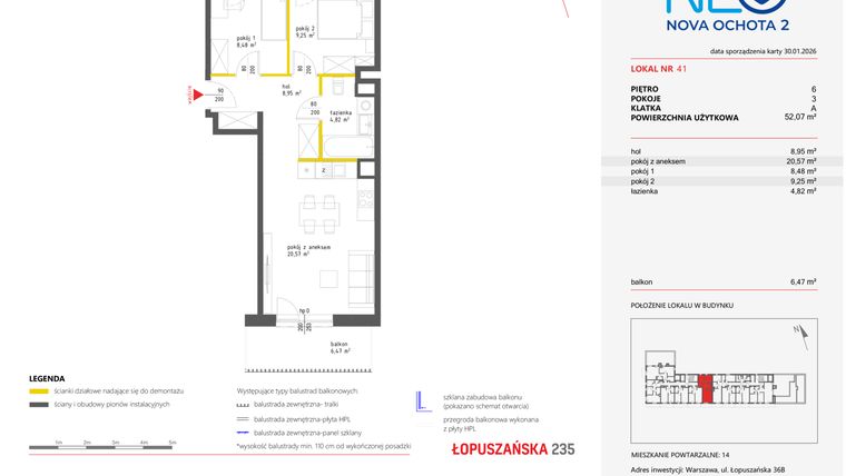 Rzut - Mieszkanie na sprzedaż 3 pokoje o powierzchni 52,09 m² - numer 41 w Neo Nova Ochota 2