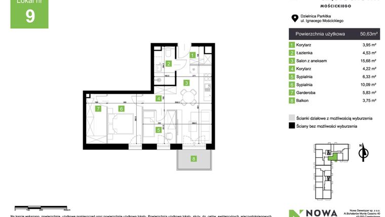 Rzut - Mieszkanie na sprzedaż 3 pokoje o powierzchni 50,63 m² - numer M9 w Nowa Częstochowa Mościckiego