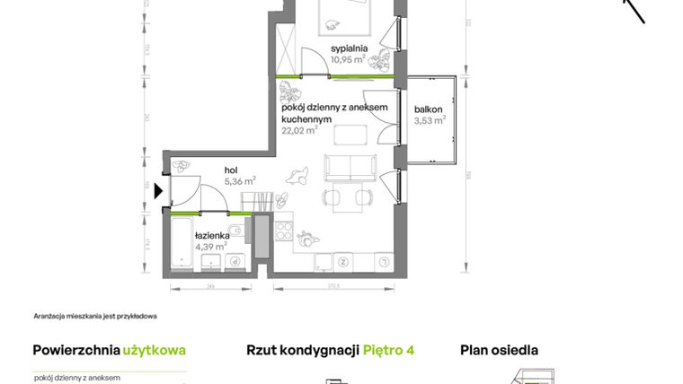 Rzut - Mieszkanie na sprzedaż 2 pokoje o powierzchni 42,72 m² - numer AA0401 w Ptasia Vita