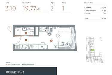 Rzut - Mieszkanie na sprzedaż 1 pokój o powierzchni 19,77 m² - numer 2.10 w Starowiejska 3