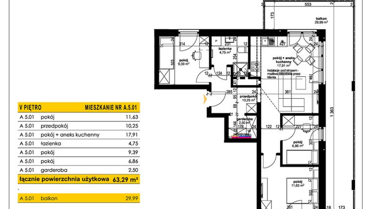 Rzut - Mieszkanie na sprzedaż 4 pokoje o powierzchni 63,29 m² - numer A 5.01 w Park Moniuszki II C