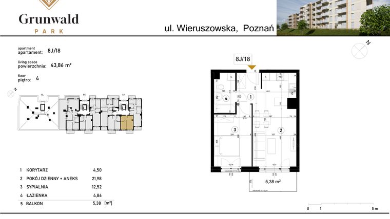 Rzut - Mieszkanie na sprzedaż 2 pokoje o powierzchni 43,86 m² - numer 8 J/18 w Grunwald Park
