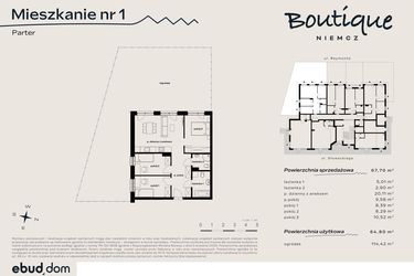 Rzut - Mieszkanie na sprzedaż 4 pokoje o powierzchni 67,7 m² - numer 1 w Boutique NIEMCZ