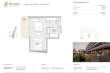 Rzut - Mieszkanie na sprzedaż 1 pokój o powierzchni 38,26 m² - numer H.2.13 w Harmony Resort