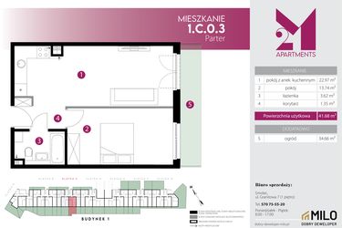 Rzut - Mieszkanie na sprzedaż 2 pokoje o powierzchni 41,68 m² - numer 1.C.0.3 w Maślice Wrocław Milo Dobry Deweloper etap IV