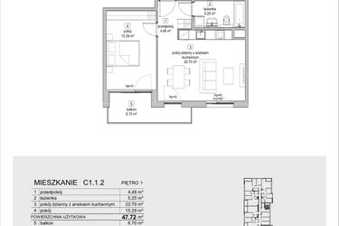 Rzut - Mieszkanie na sprzedaż 2 pokoje o powierzchni 47,72 m² - numer C1.1.2 w ATAL Symbioza IB