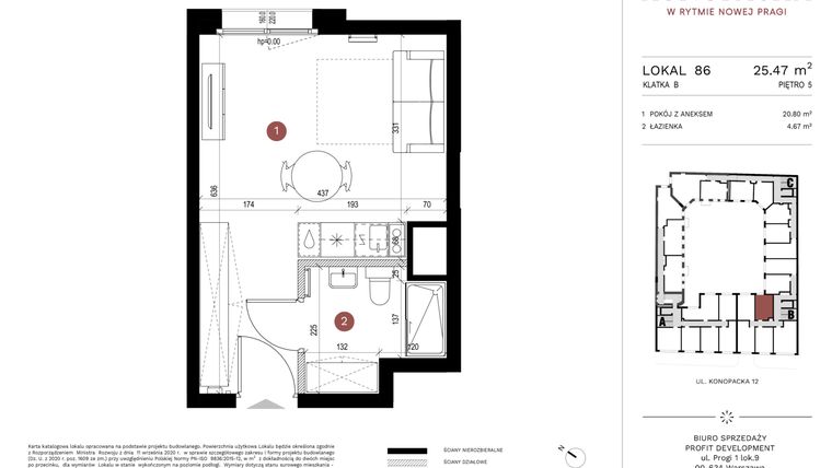 Rzut - Mieszkanie na sprzedaż 1 pokój o powierzchni 25,34 m² - numer A-KL-B.86 w Konopacka