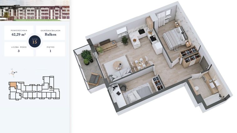 Rzut - Mieszkanie na sprzedaż 3 pokoje o powierzchni 62,29 m² - numer 15 w Apartamenty Home Premium etap 2