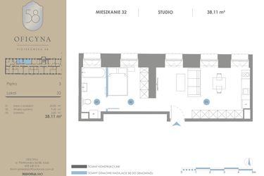 Rzut - Mieszkanie na sprzedaż 1 pokój o powierzchni 38,11 m² - numer 32 w Oficyna - Apartamenty Inwestycyjne Apart Hotel