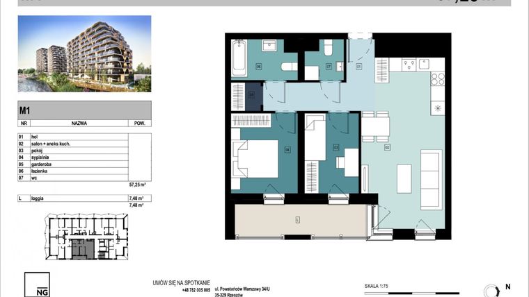Rzut - Mieszkanie na sprzedaż 3 pokoje o powierzchni 57,25 m² - numer C1 w Panorama Kwiatkowskiego