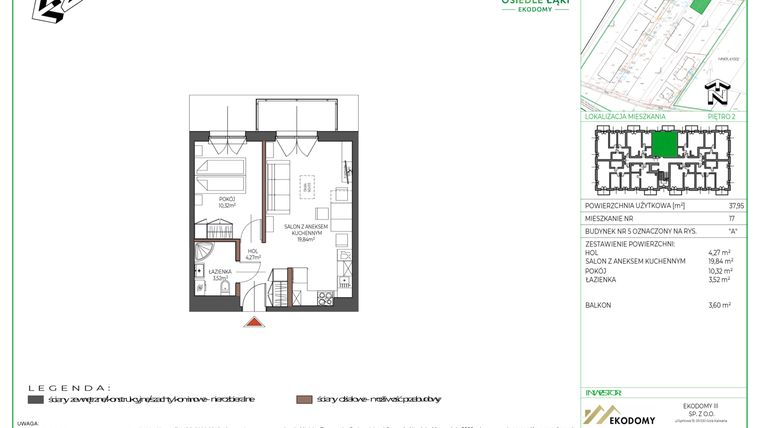 Rzut - Mieszkanie na sprzedaż 2 pokoje o powierzchni 38 m² - numer 17 w Osiedle Polna bud. 5