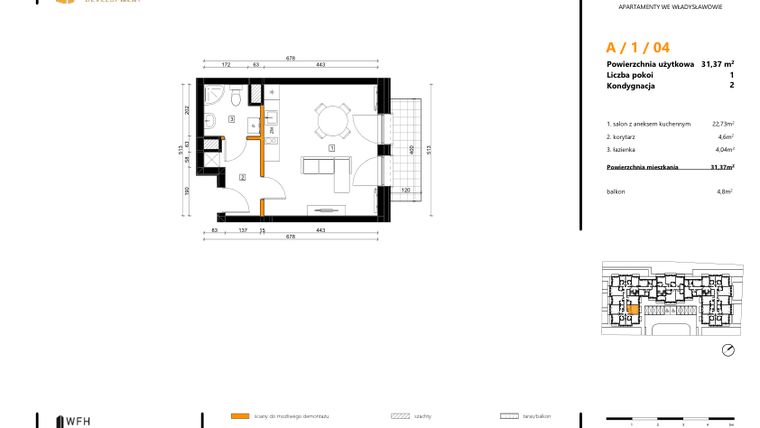 Rzut - Mieszkanie na sprzedaż 1 pokój o powierzchni 31,37 m² - numer A.1.04 w SPOT