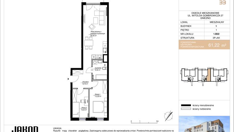Rzut - Mieszkanie na sprzedaż 3 pokoje o powierzchni 61,22 m² - numer 1.B22 w Gombrowicza 33