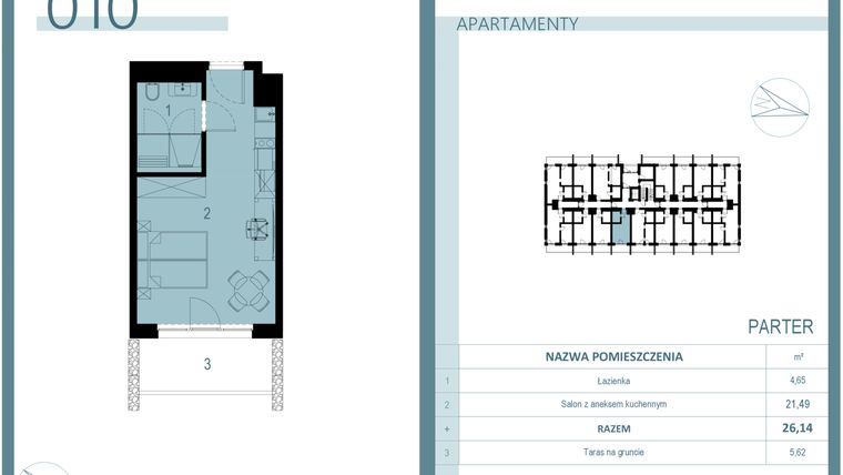 Rzut - Mieszkanie na sprzedaż 1 pokój o powierzchni 26,14 m² - numer 010 w Linea Mare Mrzeżyno