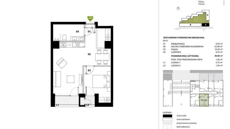 Rzut - Mieszkanie na sprzedaż 2 pokoje o powierzchni 46,62 m² - numer A.1.6 w Kozielska Park