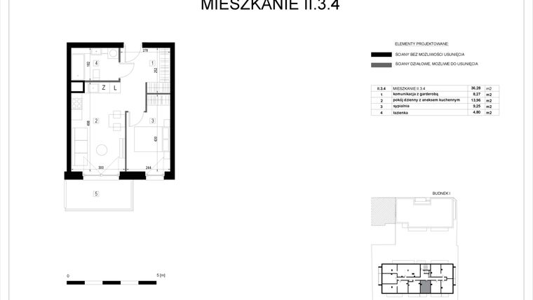 Rzut - Mieszkanie na sprzedaż 2 pokoje o powierzchni 36,28 m² - numer II.3.4 w Pryncypalna 66