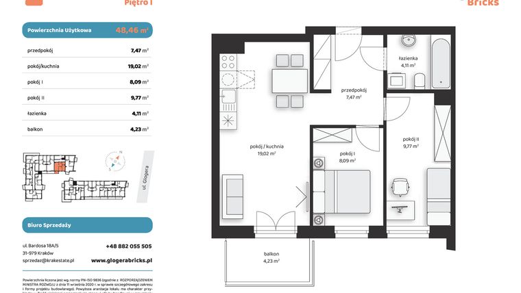 Rzut - Mieszkanie na sprzedaż 3 pokoje o powierzchni 48,46 m² - numer M III.1.2 w Glogera Bricks
