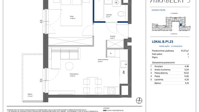 Rzut - Mieszkanie na sprzedaż 2 pokoje o powierzchni 41,3 m² - numer B.P1.23 w Mirabelki 5