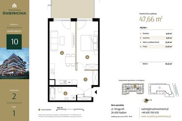 Rzut - Mieszkanie na sprzedaż 2 pokoje o powierzchni 47,66 m² - numer M.10 w Rezydencja Świerkowa - etap II
