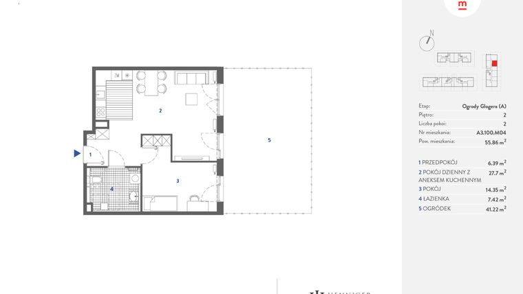 Rzut - Mieszkanie na sprzedaż 2 pokoje o powierzchni 55,94 m² - numer A3.100.M04 w Mieszkaj w mieście - Ogrody Glogera