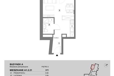Rzut - Mieszkanie na sprzedaż 1 pokój o powierzchni 28 m² - numer A1.2.21 w ATAL Grabiszyn