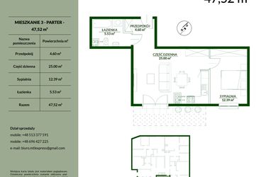 Rzut - Mieszkanie na sprzedaż 2 pokoje o powierzchni 47,52 m² - numer 3 w Bukowa etap II