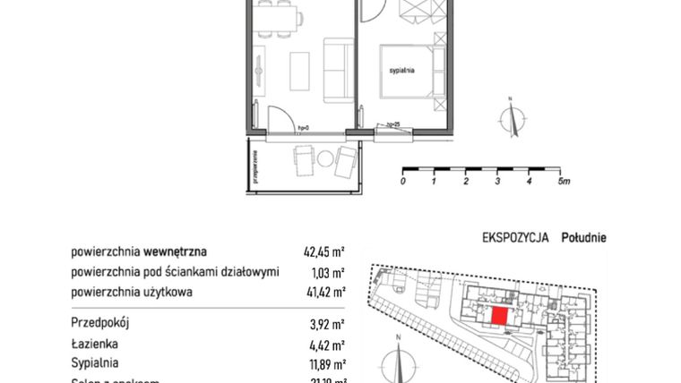 Rzut - Mieszkanie na sprzedaż 2 pokoje o powierzchni 42,45 m² - numer 1.3.3. w Dywizjonu 303
