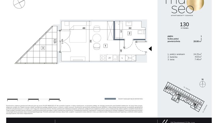 Rzut - Mieszkanie na sprzedaż 1 pokój o powierzchni 28,88 m² - numer 130 w Museo