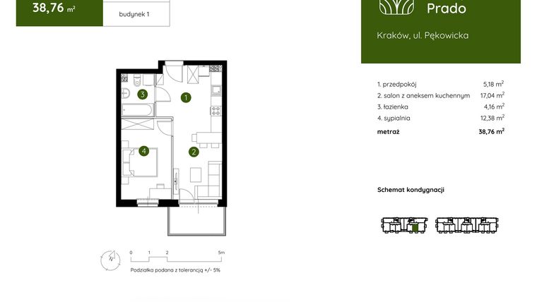 Rzut - Mieszkanie na sprzedaż 2 pokoje o powierzchni 38,76 m² - numer 1.B.1.03 w Murapol Prado