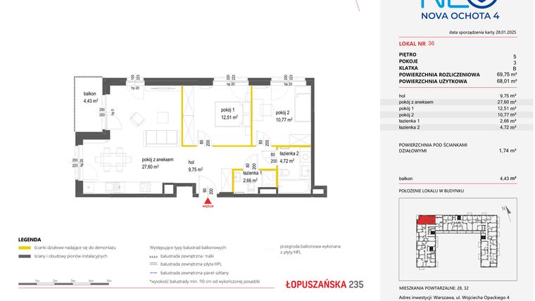 Rzut - Mieszkanie na sprzedaż 3 pokoje o powierzchni 69,75 m² - numer 36 w Neo Nova Ochota 4