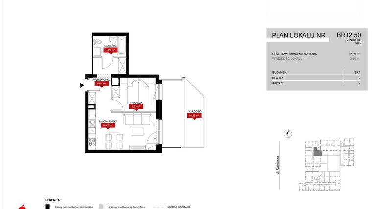 Rzut - Mieszkanie na sprzedaż 2 pokoje o powierzchni 37,53 m² - numer BR12/50 w Browary Wrocławskie 2