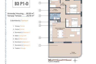 Rzut - Mieszkanie na sprzedaż 3 pokoje o powierzchni 80 m² - numer 3.1.D w LA Sunrise - Los Alcázares