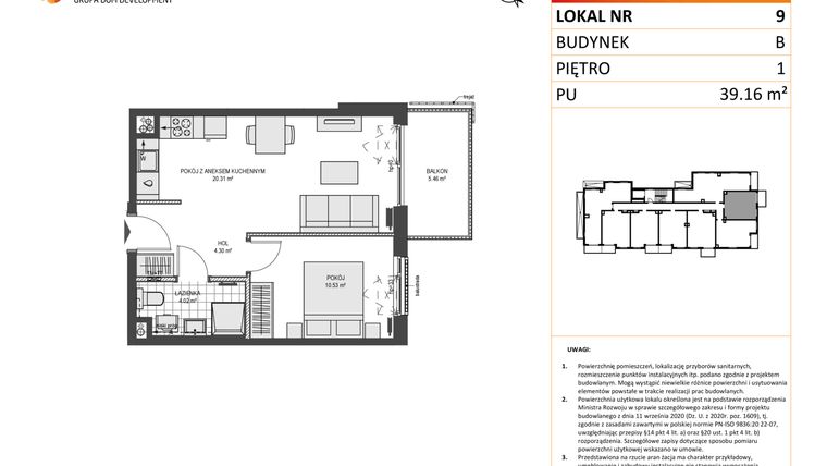 Rzut - Mieszkanie na sprzedaż 2 pokoje o powierzchni 39,16 m² - numer B9 w Przystań Brzeźno etap 1.2