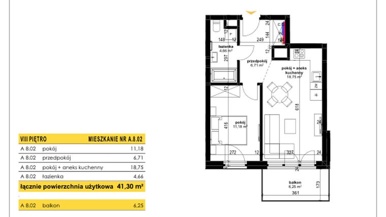Rzut - Mieszkanie na sprzedaż 2 pokoje o powierzchni 41,3 m² - numer A 8.02 w Park Moniuszki II C