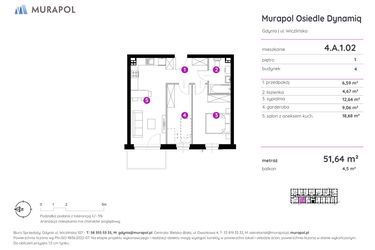Rzut - Mieszkanie na sprzedaż 2 pokoje o powierzchni 51,64 m² - numer 4.A.1.02 w Murapol Osiedle Dynamiq