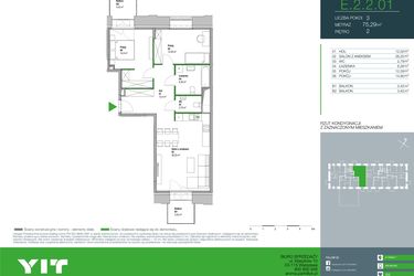 Rzut - Mieszkanie na sprzedaż 3 pokoje o powierzchni 75,29 m² - numer E.2.2.01 w Aroma Park Lofty