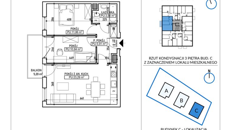Rzut - Mieszkanie na sprzedaż 3 pokoje o powierzchni 55,44 m² - numer 5-22 w Jodłowicka 5